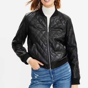 LOFT Black Quilted Faux Leather BomberJacket | Size L